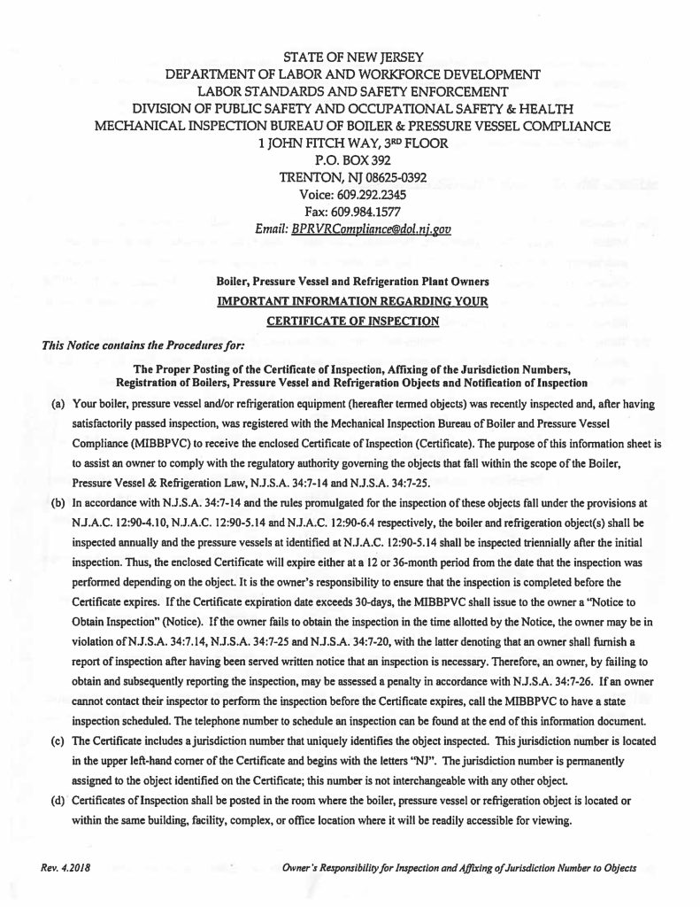 NJ notice on boiler and refrigeration inspection procedures, certificate posting, and compliance requirements