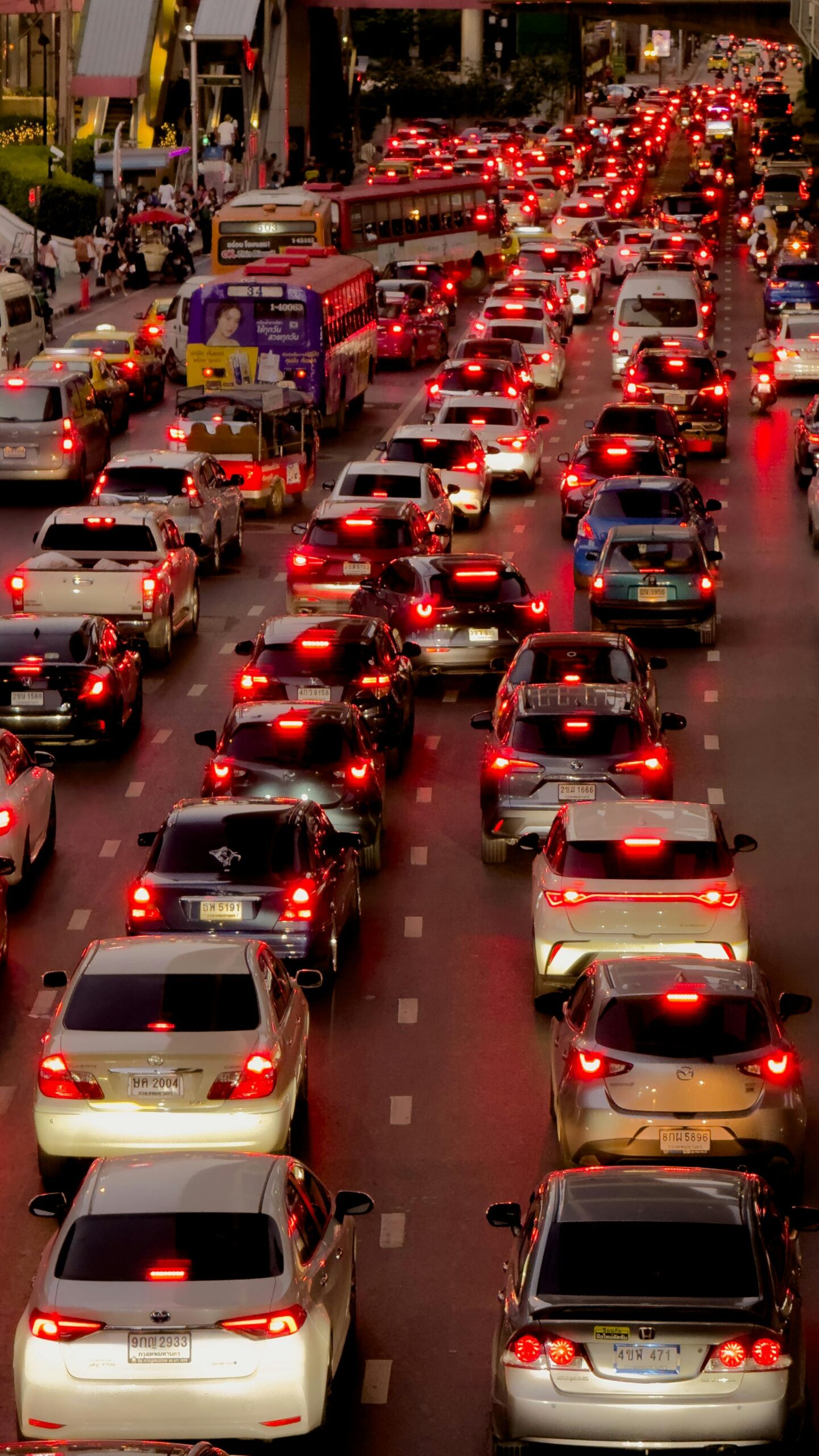 A traffic jam shown at night