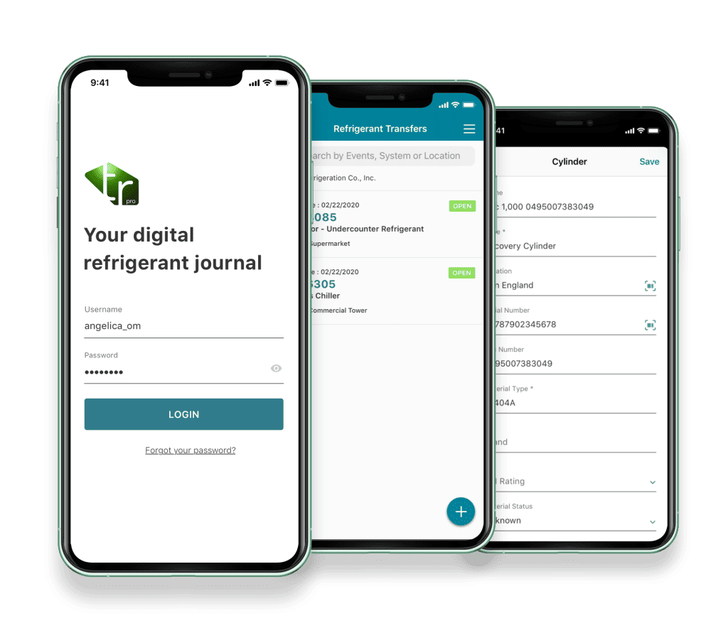 Mobile app showcasing a digital refrigerant journal for tracking refrigerant transfers, cylinder details, and compliance management