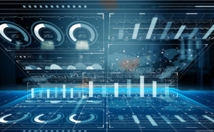 Futuristic digital dashboard displaying complex graphs, bar charts, and analytical data visualizations with a high-tech interface design