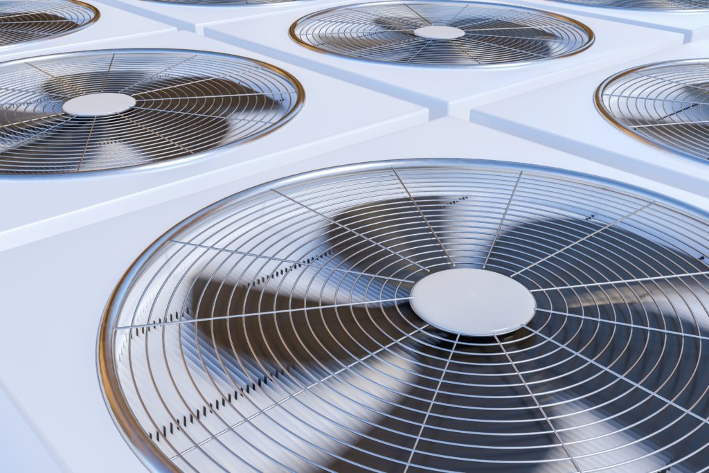 HVAC units with circular fans and protective grilles, arranged in a clean, orderly grid