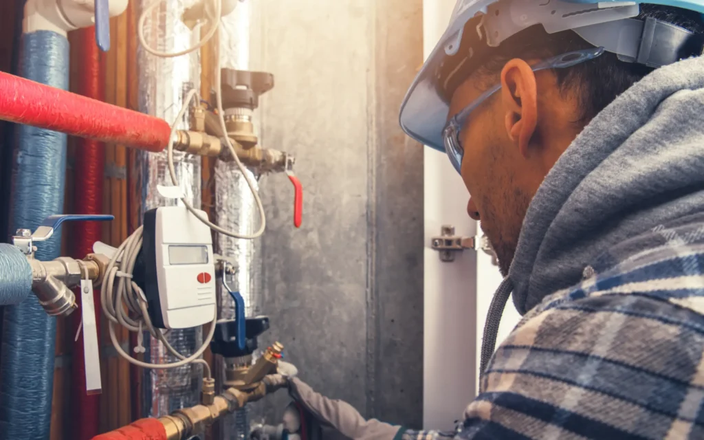 HVACR technician with helmet and security glasses