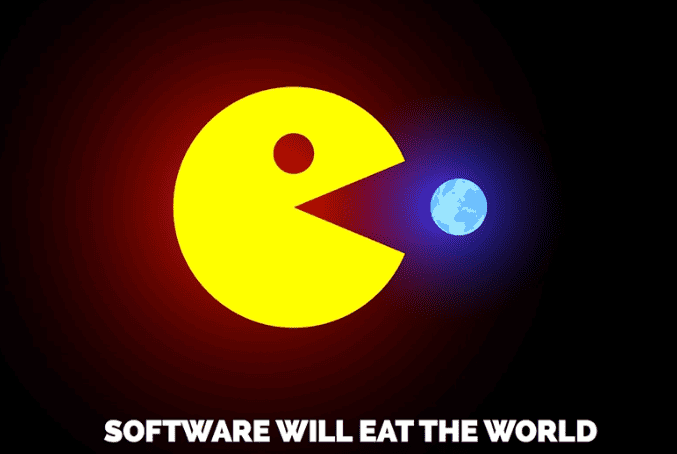 pac man eating the world with caption "Software will eat the world."