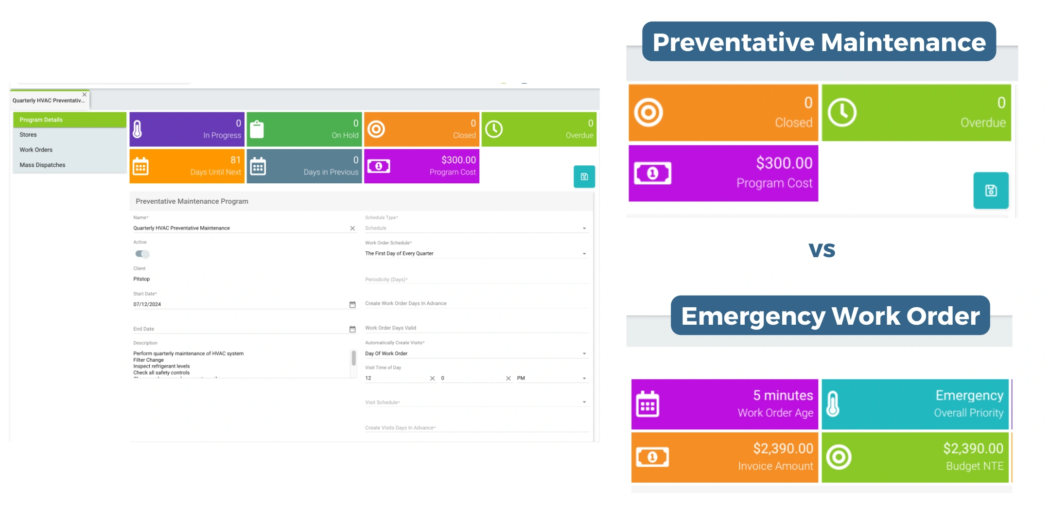 Preventative Maintenance vs Emergency Work Order Screen